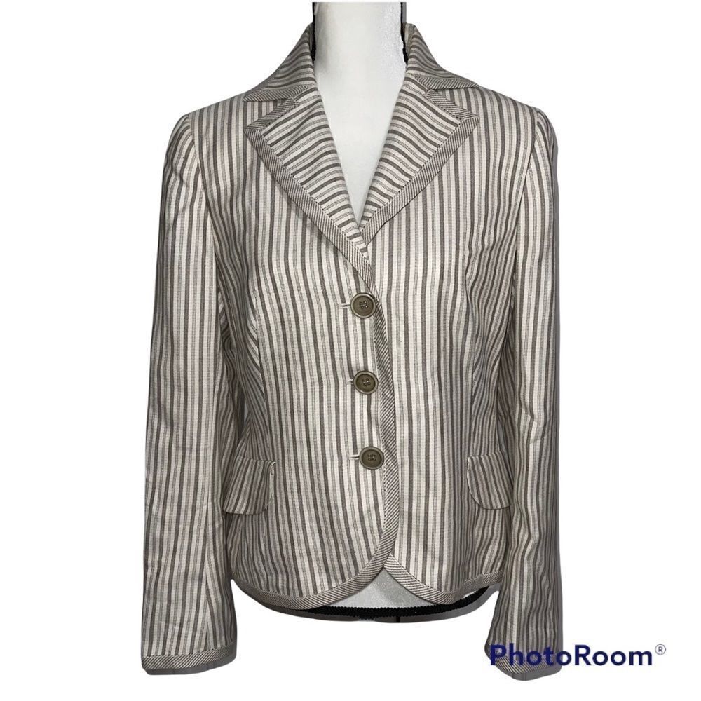 𝅺AKRIS Blazer Cashmere Silk Tailored Size 10. Taupe & Off White. Authentic